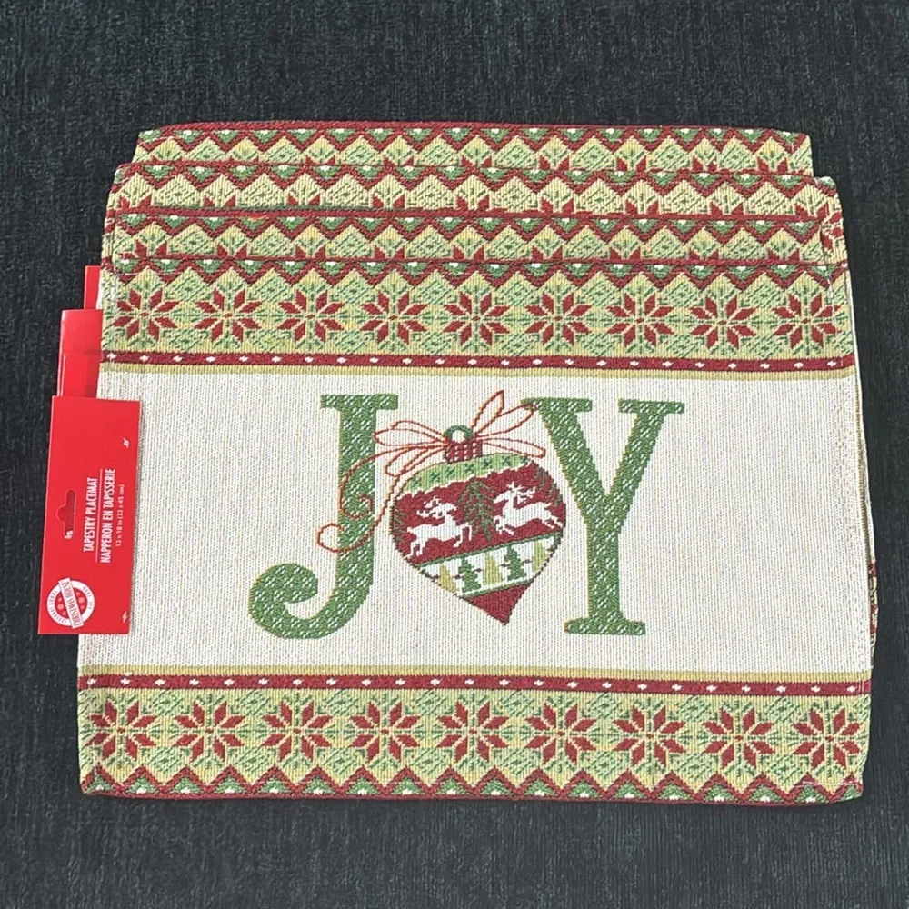 NWT- Set of 4- Cream- Red & Green JOY Ornament Holiday Tapestry Placemats 13x18